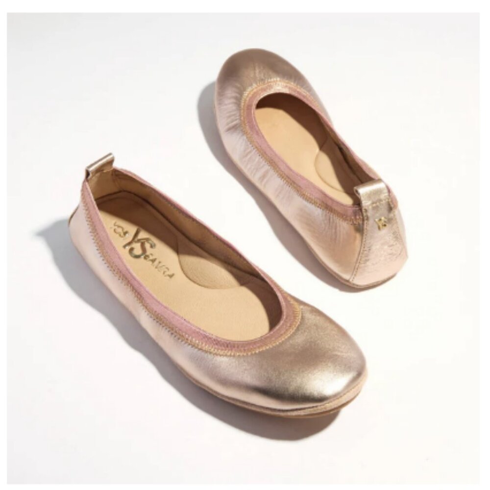 Yosi Samra Samara Foldable Ballet Flat in Rose Gold Leather NIB Size 6